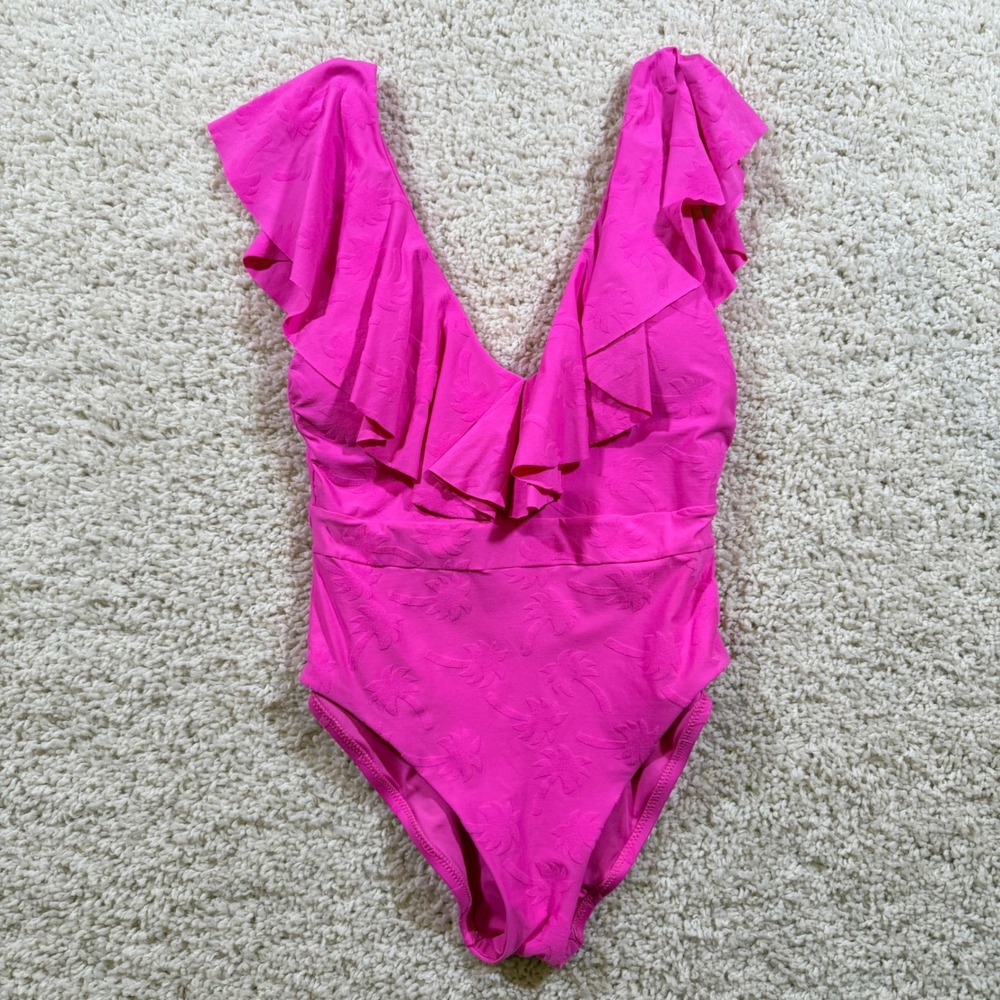 Trina Turk Hot Pink Jacquard Palm Tree Ruffle One Piece Swimsuit 8 Barbiecore